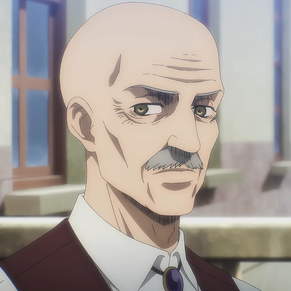 Portrait of an elderly bald officer with a moustache and amused eyes, a drinking gourd at his hip and a Garrison jacket over his shoulders