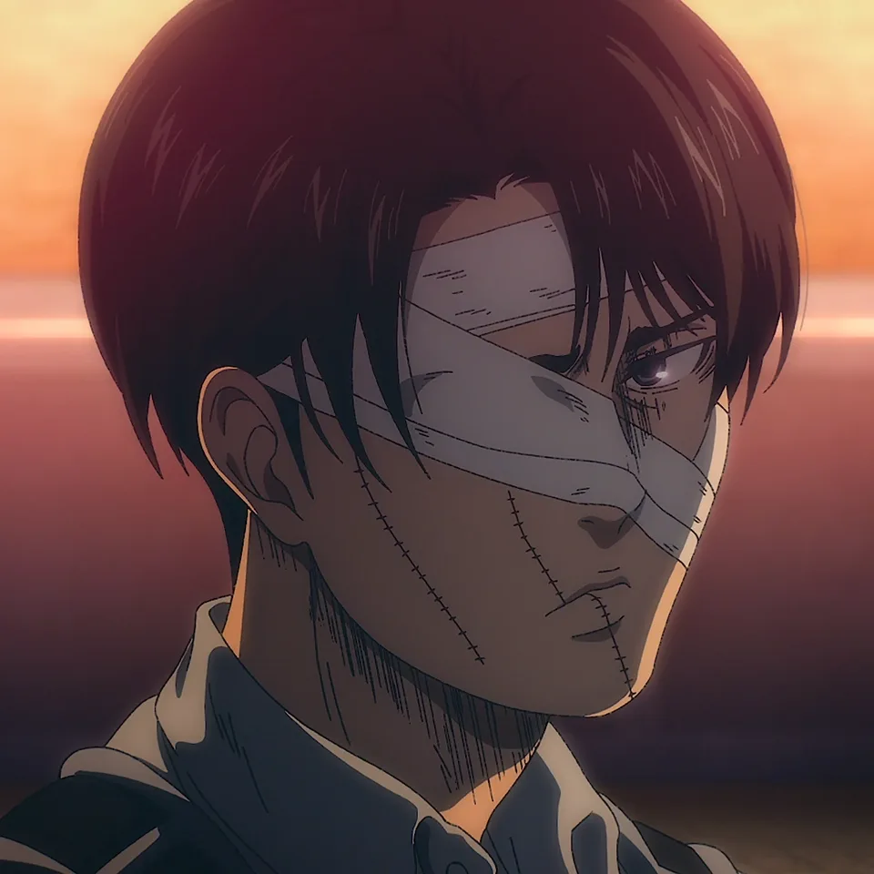 Portrait of a short, sharp-eyed man with black undercut hair and a flat expression, arms crossed over a Survey Corps harness and cloak