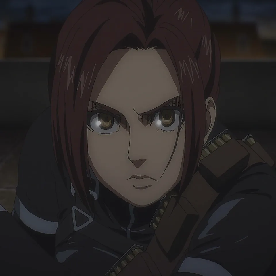 Portrait of a cheerful brown-haired girl with a high ponytail and large eyes, mid-bite on a stolen potato, in cadet uniform