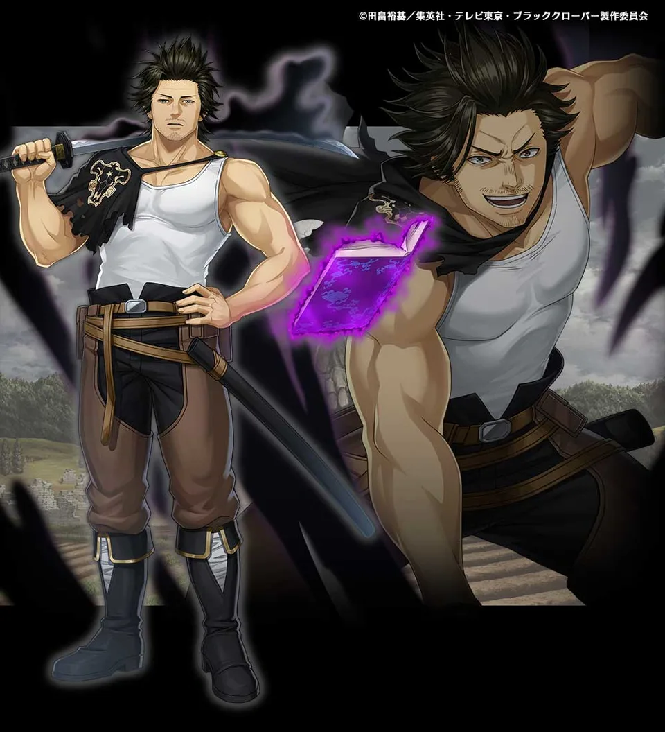 Tall, muscular black-haired man with a cigarette, scarred face and katana, wearing an open Magic Knight captain's cloak