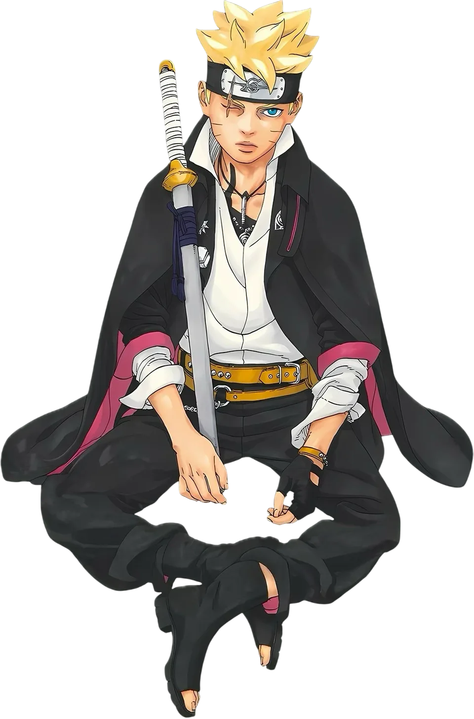 Portrait of a spiky blond-haired teenage ninja with blue eyes, whisker-like cheek marks and a dark jacket bearing a red Uzumaki swirl