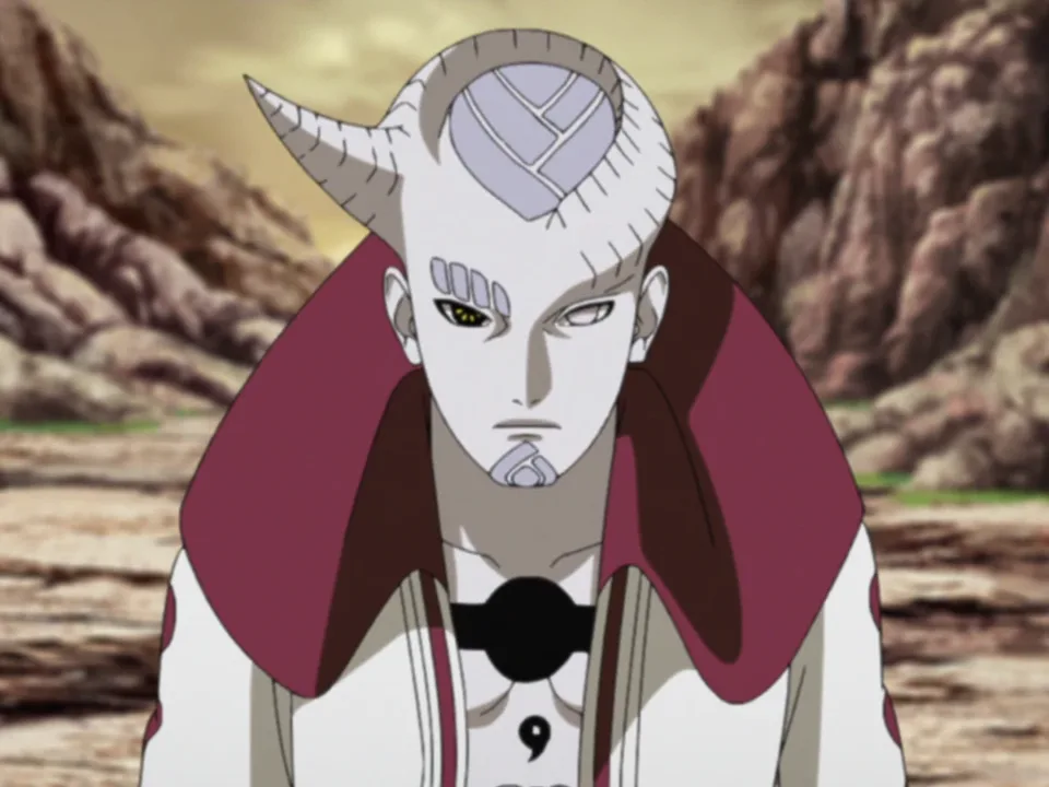 Portrait of a gaunt figure with grey-white skin, a single horn, black sclera with golden irises, and dark ceremonial garb