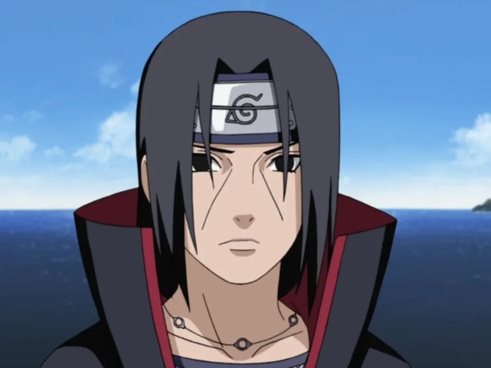 Portrait of a long-haired young man with pronounced tear-trough lines and red Mangekyō eyes, wearing a black cloak patterned with red clouds