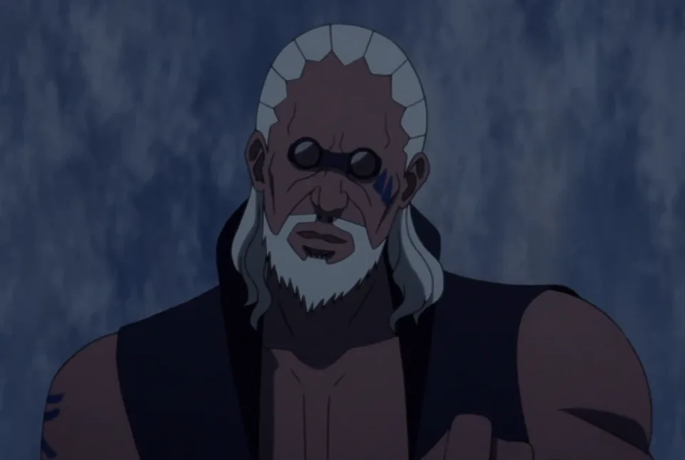 Portrait of a muscular dark-skinned man with white-blond hair, sunglasses and a Cloud forehead protector, swords strapped across his back