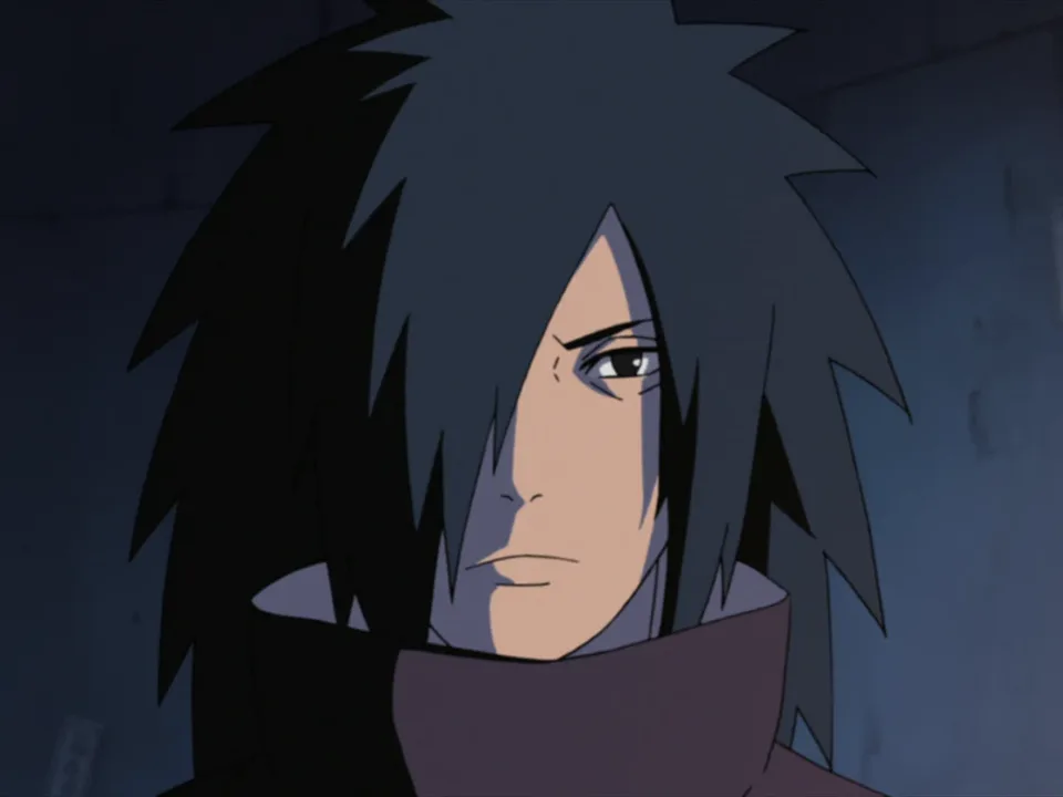 Portrait of a stern man with waist-length spiky black hair and ringed eyes, wearing crimson armour over a dark robe