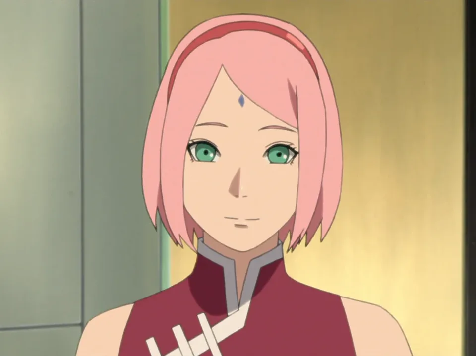 Portrait of a young woman with pink hair, green eyes and a diamond seal on her forehead, wearing a red medical-ninja vest