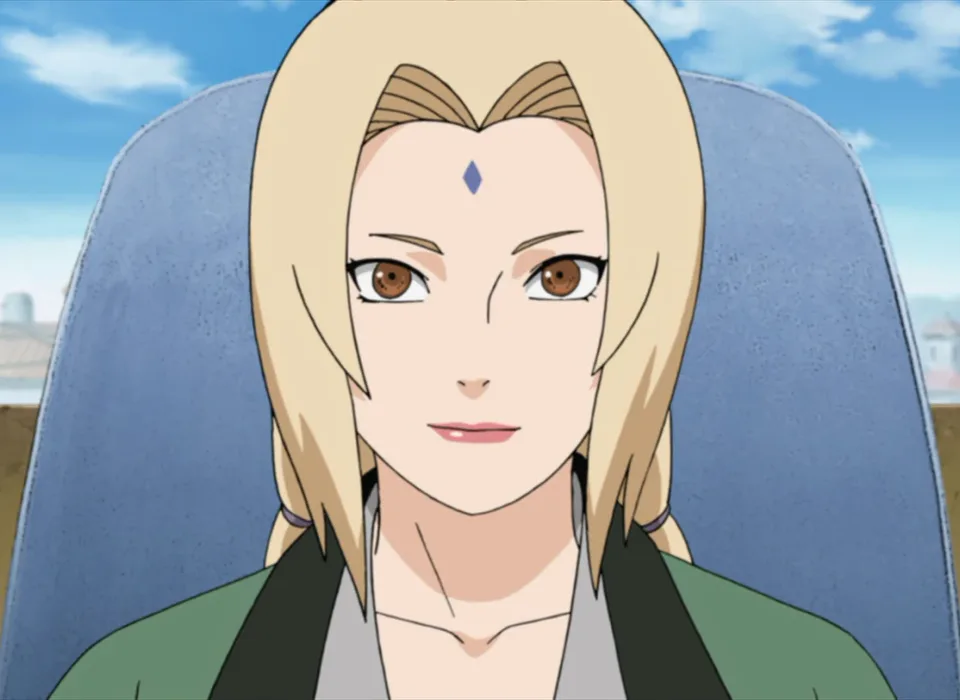 Portrait of a blonde woman with a violet diamond mark on her forehead, wearing a green haori over a grey robe