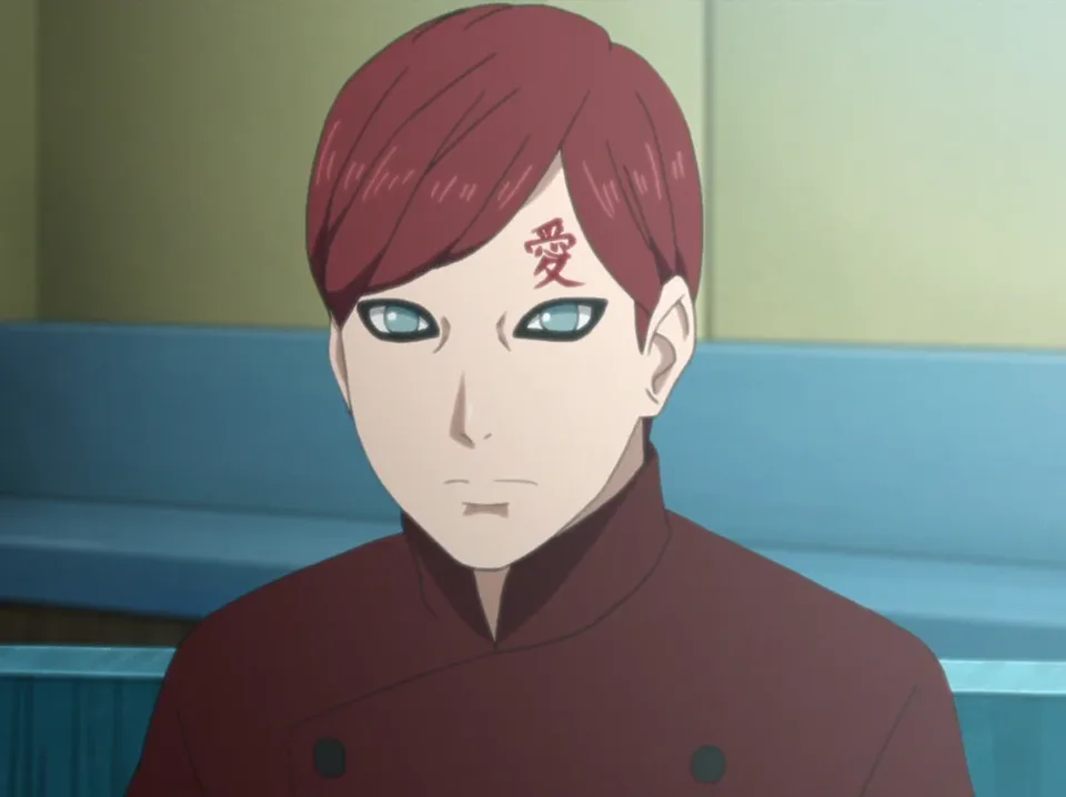Portrait of a red-haired youth with pale green eyes, dark rings around them and the kanji for 'love' carved on his forehead, a gourd of sand on his back.