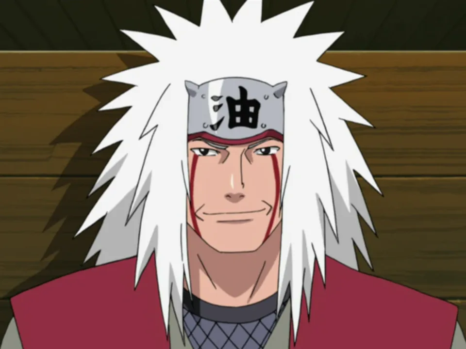 Portrait of a tall, broad man with long spiky white hair, red markings running down from his eyes, wearing a horned forehead protector and a red haori.
