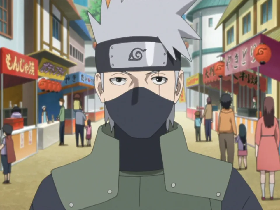 Portrait of a silver-haired ninja with a cloth mask covering his nose and mouth and his forehead protector slanted over his left eye, revealing a scar.