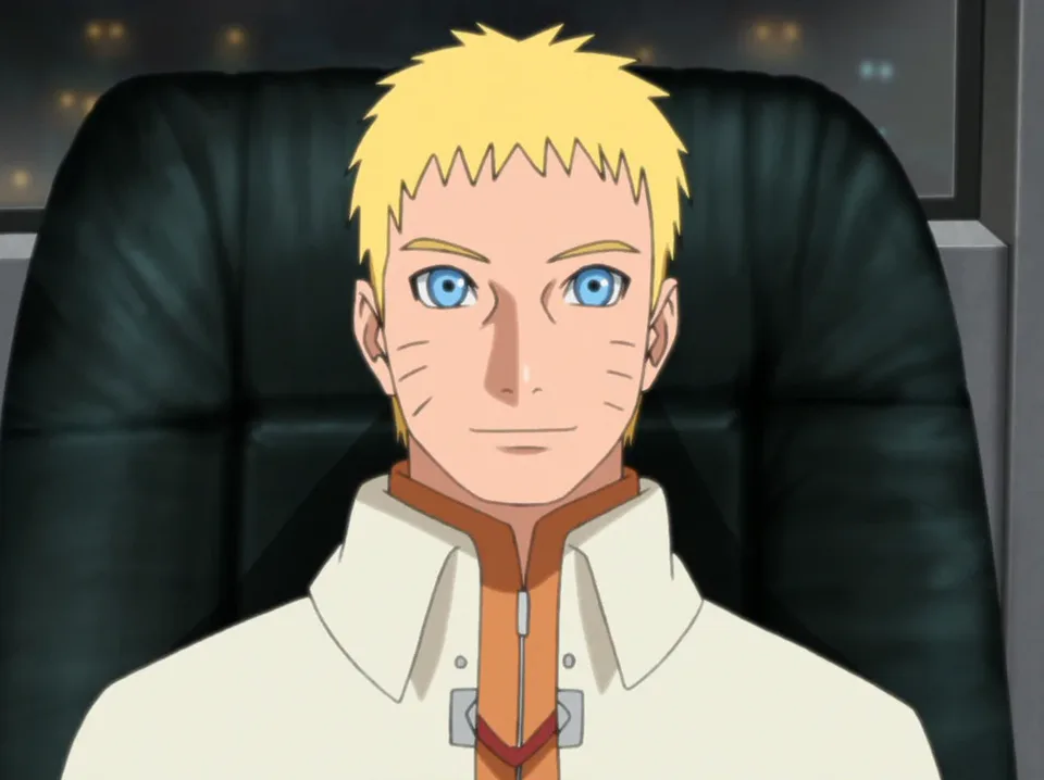 Portrait of a grinning blond boy with spiky hair, blue eyes, three whisker marks on each cheek and a leaf-village forehead protector, wearing an orange jumpsuit.