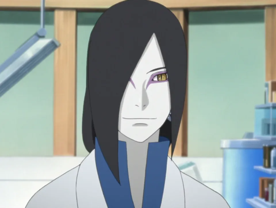 Portrait of a pale, long-faced figure with waist-length black hair, golden slit-pupil eyes and purple markings around them, smiling coldly.